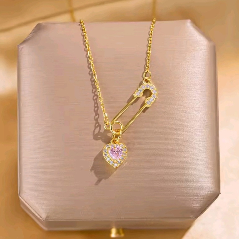 Gold and Pink Heart Pendant Necklace